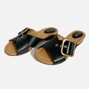 Clarks Artisan Leather Viveca Gwen Slip-On Sandals Rose Toned Adjustable Buckle